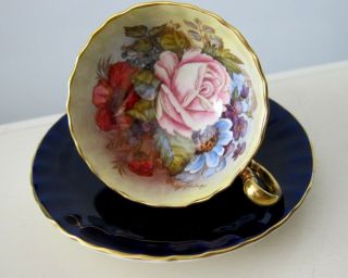 Aynsley Hand Painted Cabbage Rose Cobalt Blue Teacup Tea Cup Signed J Bailey
