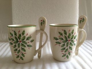 Lenox Holiday Cocoa Mugs With Spoons Set Of 2 - Christmas American By Design L/n
