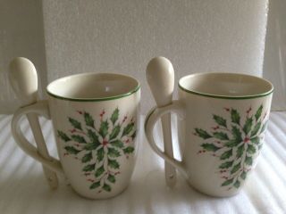 Lenox Holiday Cocoa Mugs with Spoons Set of 2 - Christmas American By Design L/N 3