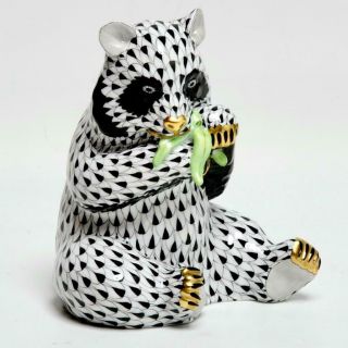 Herend Black Porcelain " Fishnet " Panda Eatting Bamboo Figurine W/gold Gilt,  "