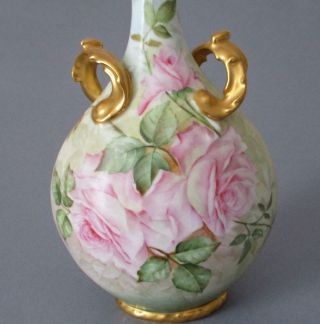 Antique Limoges Hp Porcelain 11 " Handled Vase Huge Pink Roses Lush Gold Trim