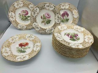 Early 19th Century English Davenport Set Of 12 9 " Floral Plates Rococo Gilt Rare