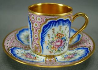 Limoges Sevres Style Hand Painted Rose Floral Pink Blue & Gold Demitasse Cup B