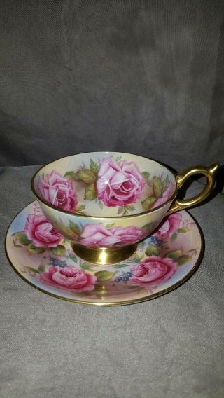 Aynsley Cabbage Roses Footed Teacup And Saucer Set C1026 Rare Bone China