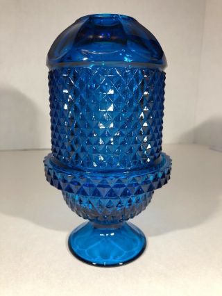 Vintage Viking Glass Bluenique Diamond Point Candle Glimmer Fairy Lamp Mcm