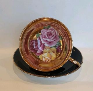 Vintage Paragon Cup And Saucer Black Gold Rose Red Yellow Pink