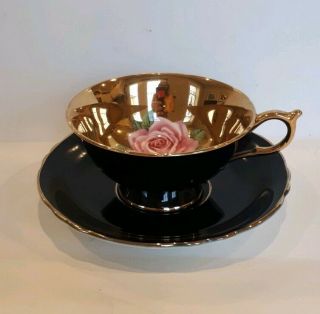 Vintage Paragon Cup And Saucer Black Gold Rose Red Yellow Pink 2