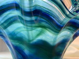 Murano Art Glass Handblown Large Heavy Blue & Green Swirl Bowl Marked Ruffled