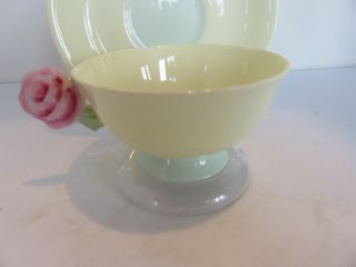 LOVELY PARAGON PASTEL YELLOW AND GREEN W PINK ROSE HANDLE CUP AND SAUCER 2 2