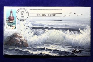 Us Cover American Shoals Lighthouse Fdc Hand Painted Lois Hamilton