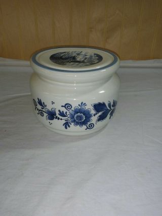 Vtg Blauw Delft Blue Vase Hand Painted Windmill/floral Covered Dish/planter Lid