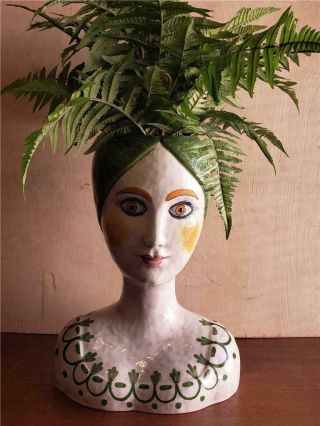 Mid - Century Modern Horchow Italy Ceramic Head Bust Woman Vase Planter 16 1/2 "
