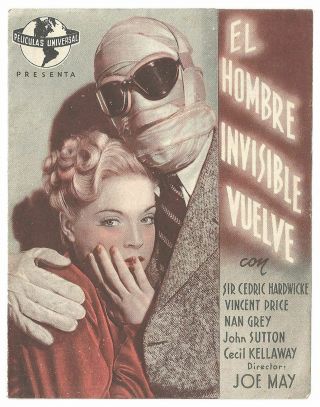 The Invisible Man Returns Vincent Price Spanish Double Herald Mini Poster