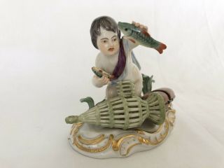 Antique Meissen Porcelain Figurine Boy With Lobster " Water Elements Series "