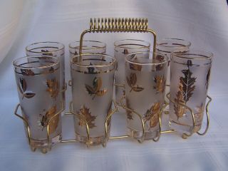 Vintage Set Of 8 5 1/2 " Libby Mid Century Modern Gold Leaf Tumblers With Caddy