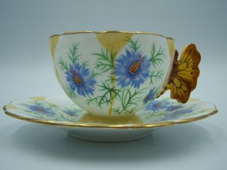 Vintage Aynsley Tea Cup Saucer Blue Flowers With Butterfly Handle