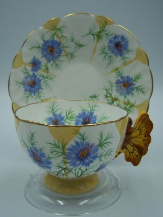 Vintage Aynsley Tea Cup Saucer Blue Flowers With Butterfly Handle 3