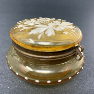 Vintage Moser Amber Glass Hinged Trinket Box With Enamel Painted Flowers
