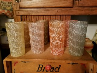 Vintage Set Of 8 Mid Century Spaghetti String Swirl Coated Glasses Colors