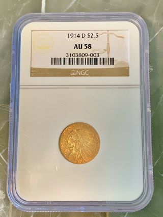 1914 $2 1/2 Indian Head U.  S.  Quarter Eagle Gold Coin Graded Au58 By Ngc