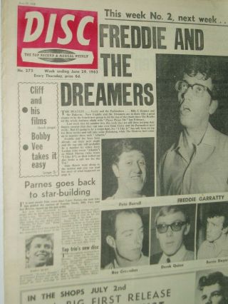 Disc Pop Music Paper.  29th June 1963.  Freddie And The Dreamers. ,  Cliff. ,
