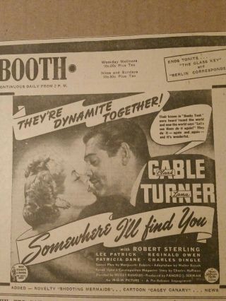 1942 Clark Gable & Lana Turner in Somewhere I ' ll Find You Movie Newspaper Ad 2