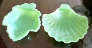 2 Fire King Jade - Ite Jadite Dishes Leaf & Shell