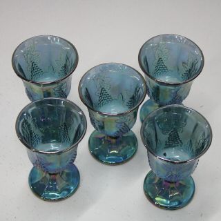 5x Blue Iridescent Carnival Glass Wine Goblets Harvest Style Grape Leaf 610