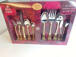 Royal Albert Old Country Roses 45 Piece Stainless Flatware In Chest