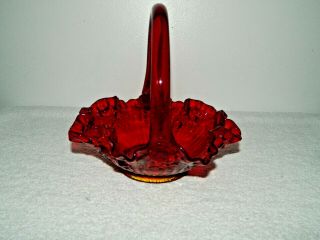 Vintage Fenton Glass Ruby Red Cabbage Rose 8” Handled Ruffled Brides Basket