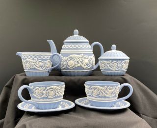 9 Piece 250 Wedgwood Blue Jasperware Tea Set/teapot/creamer/sugar/2cups/saucers