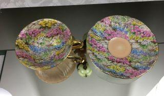 Vintage Shelley China Rock Garden Chintz Teacup and Saucer Gold Handle England 2