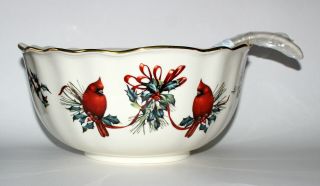 Lenox Winter Greetings 12 3/4 " Punch Bowl W Ladle Red Bird Ribbons Holly Pine