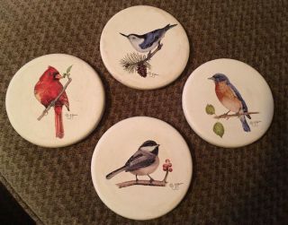 Set Of 4 Vintage Ceramic Drink Cork Bottom Bird Coasters 3 7/8” Signed By Artist