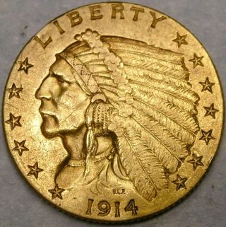 1914 D Indian Head Gold Quarter Eagle $2.  5 Appealing Scarce Sharp Tougher Date