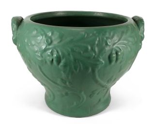 Antique Matte Green Ohio Art Pottery Jardiniere Vase Handles Oak Leaves Acorn