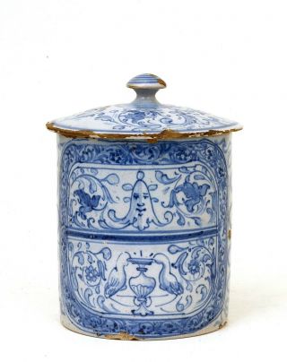 Antique English Blue & White Delft Delftware Pottery Tobacco Cover Jar Mk