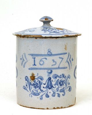 Antique English Blue & White Delft Delftware Pottery Tobacco Cover Jar Mk 2