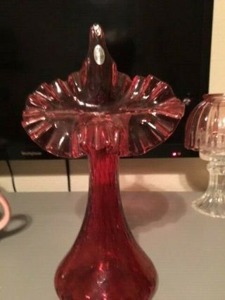 Fenton Glass Jack In The Pulpit Cranberry Vase Crimped Edges 10 - 1/2 " Marked Down