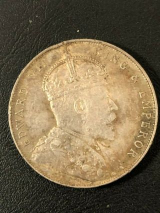 1909 Straits Settlements Silver One Dollar Edward Vii Crown Coin