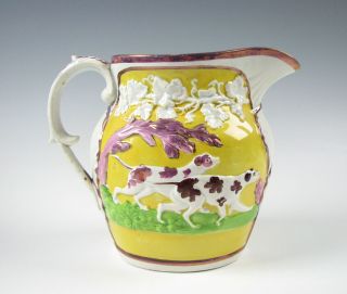 Antique Pink Luster Yellow Ground Hunt Jug Pitcher Dogs Pearlware Staffordshire 3