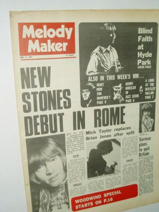 Melody Maker Pop Paper.  14th June 1969.  Rolling Stones.  Split With Brian Jones
