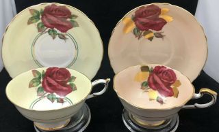 2 Paragon Yellow Peach Signed Johnson Gold Floating Rose Cup & Saucer