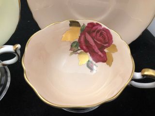 2 Paragon Yellow Peach Signed Johnson Gold Floating Rose Cup & Saucer 3