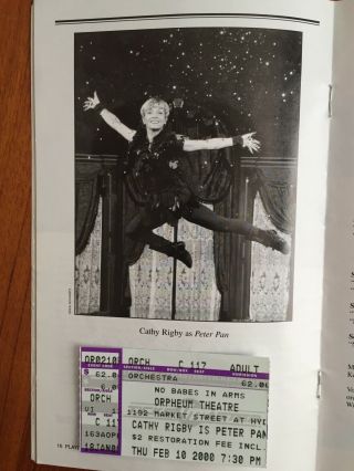 Cathy Rigby Autographed Peter Pan Playbill and Ticket from 2000 2