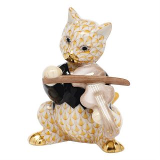 Herend,  Cat With Fiddle Porcelain Figurine,  Butterscotch Fishnet,  Flawless,  $325