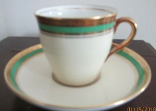 Aynsley England Bone China Demitasse Cup&saucer W/green & Gold Band On White
