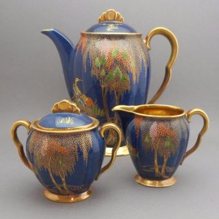 Vintage Carlton Ware Porcelain Storks Demitasse Coffee Tea Set Enamel Gold Blue