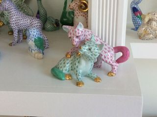 Herend Porcelain Baby Foxes Playing In Green And Pink Fishnet
