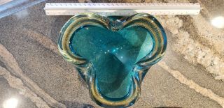 Vintage Heavy Sculpted Murano Glass Bowl W Aqua & Gold Dust Italy